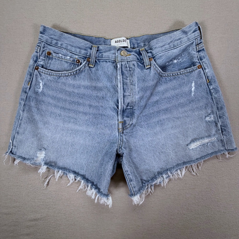 Agolde Light Blue Distressed Denim Jean Shorts